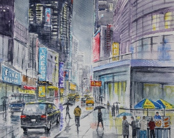 New York landscape painting, original watercolor 14" x 11" - Title: "Manhattan Night" NYC cityscape by artist Peter Lee