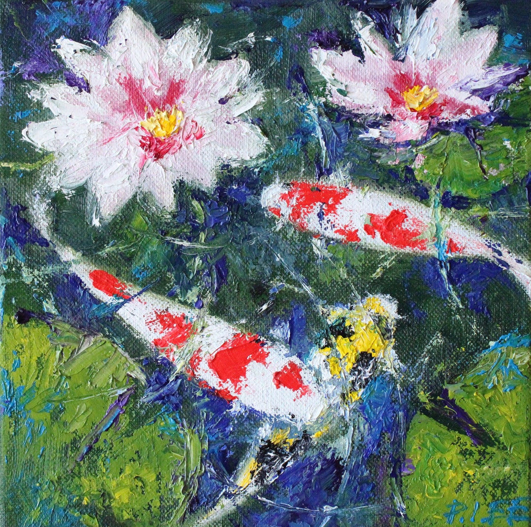 Koi Fish & Water Lily Painting, Original Oil Painting on Canvas 8" X 8 ...