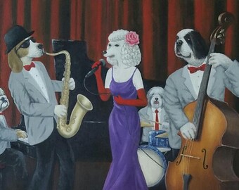 Pet parody painting, original oil painting on canvas 20" x 30" - Title: "Jazz Night" dogs in human setting, pet painting by artist Peter Lee