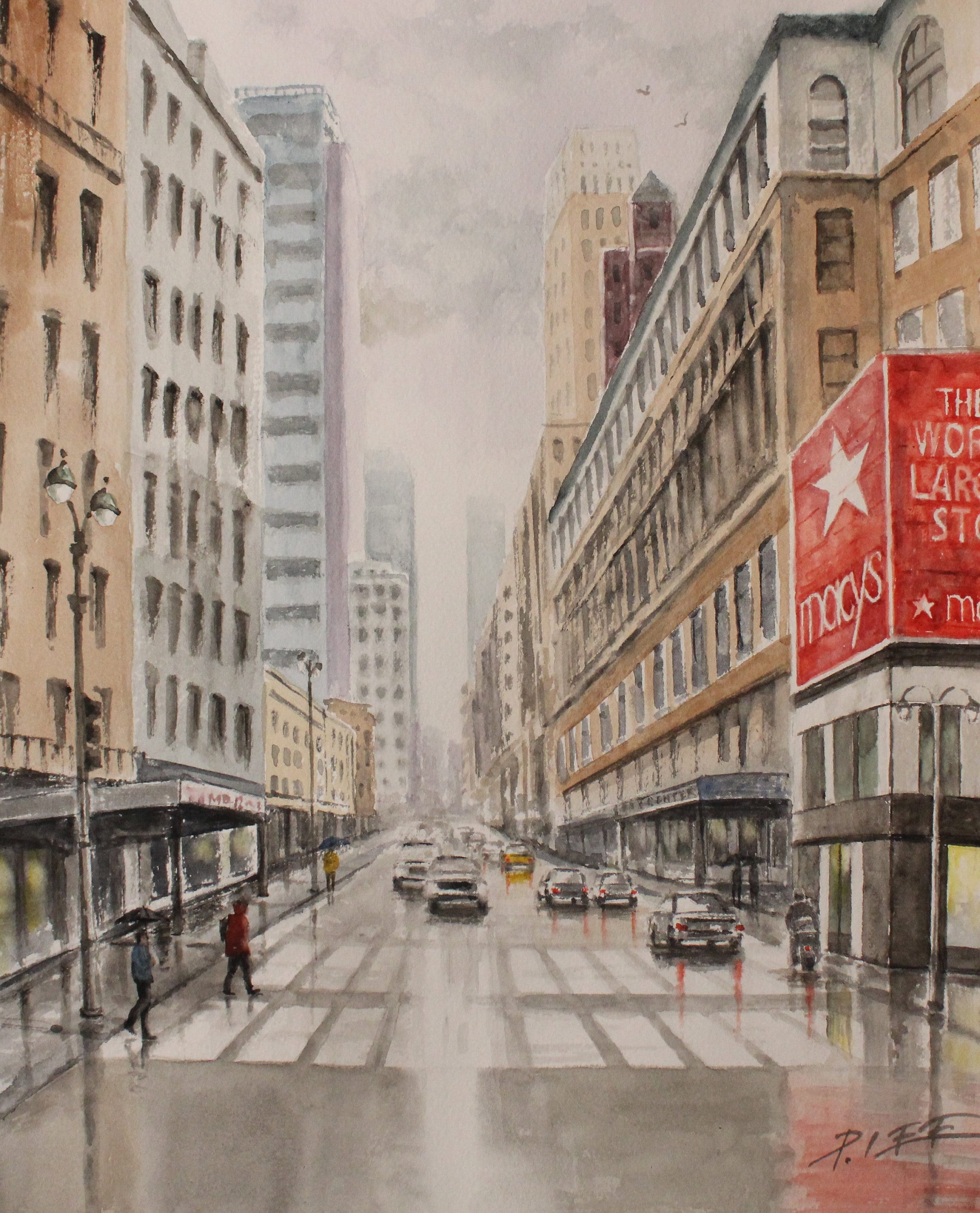 New York landscape painting, original watercolor 14" x 11" - Title: "W 34th St. NYC" New York Manhattan cityscape by CA artist Peter Lee