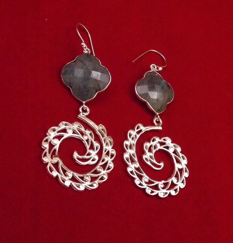 Natural Labradorite Clover Shape Handmade Silver Plated Stone Earrings
