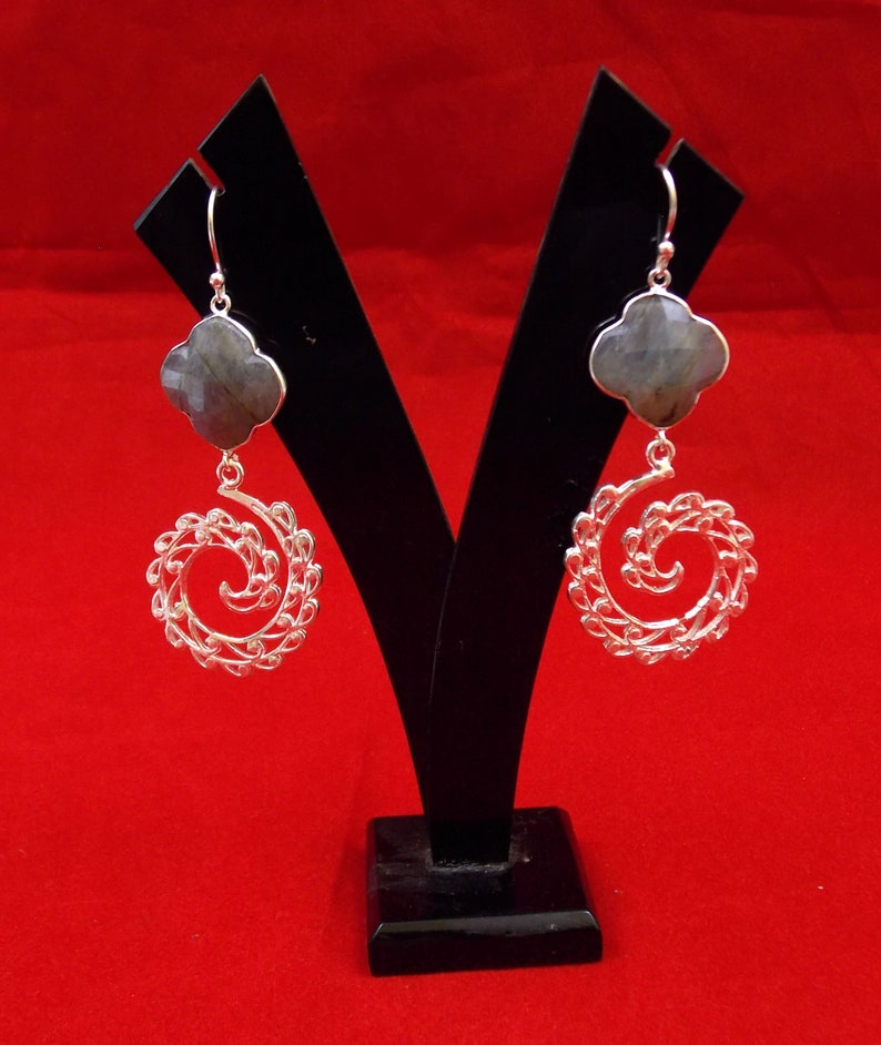 Natural Labradorite Clover Shape Handmade Silver Plated Stone Earrings