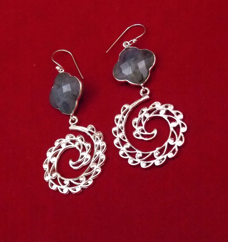 Natural Labradorite Clover Shape Handmade Silver Plated Stone Earrings