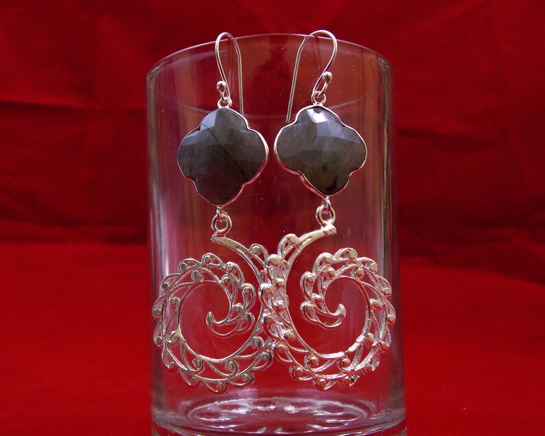 Natural Labradorite Clover Shape Handmade Silver Plated Stone Earrings