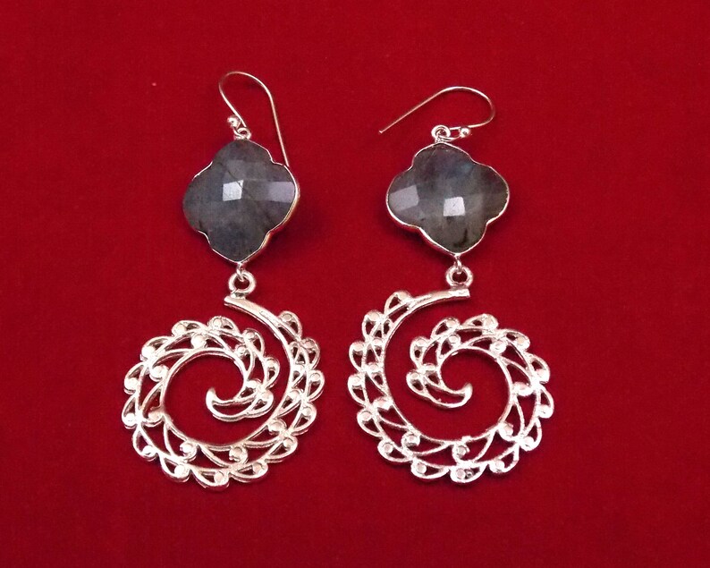Natural Labradorite Clover Shape Handmade Silver Plated Stone Earrings