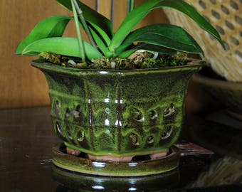 Handmade Square Ceramic Orchid Pot With Attached Saucer and Drainage Hole, Glazed Pottery, Ceramic Planter| Gift