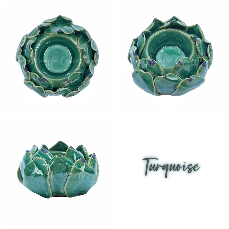 May include: A turquoise ceramic candle holder in the shape of a succulent plant. The holder has a central well for a candle, surrounded by layered, petal-like leaves. The word "Turquoise" is written in cursive.