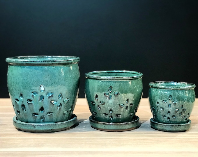 Hilo (LARGE 7.0") Handmade Ceramic Orchid Pot With Attached Saucer, Orchid Planter, Glazed Pottery | Gift