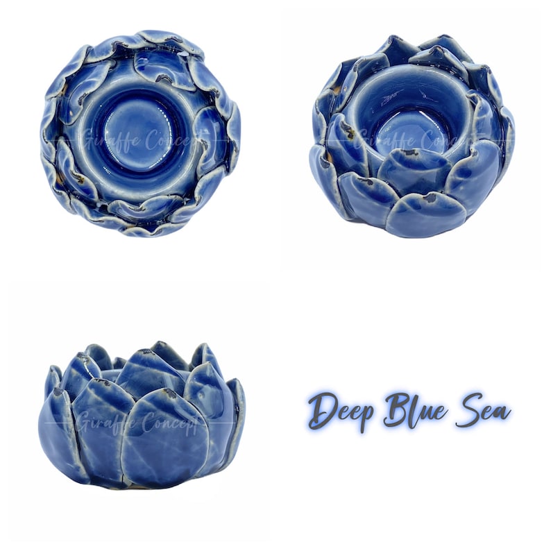 May include: A deep blue ceramic candle holder, shaped like a lotus flower. The glossy finish candle holder has a blooming flower design. The text "Deep Blue Sea" is written in a cursive font.