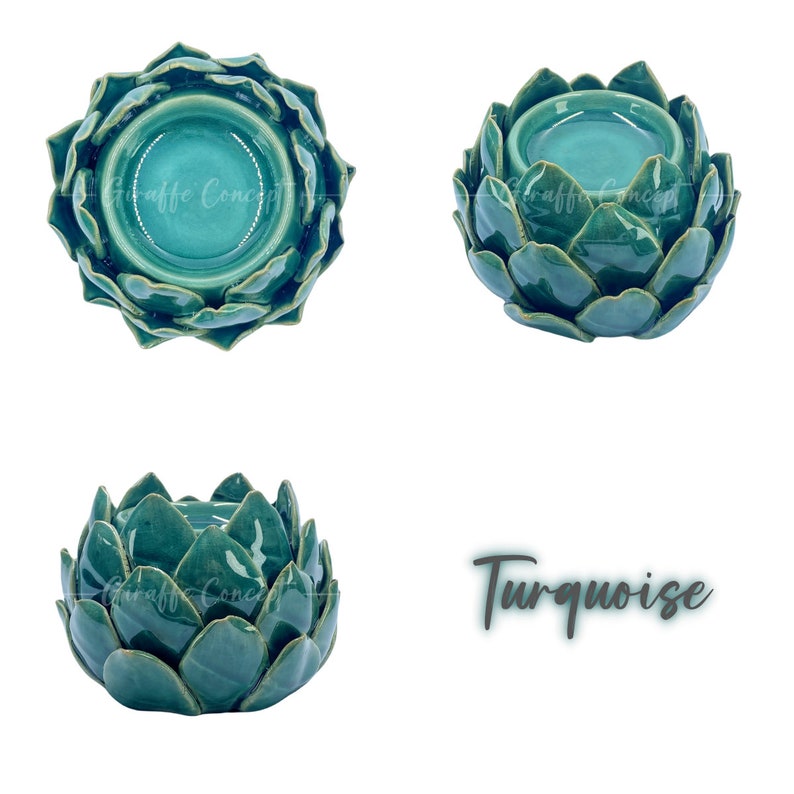 May include: Turquoise ceramic artichoke shaped candle holder. The holder has a wide, shallow bowl for a tealight candle.