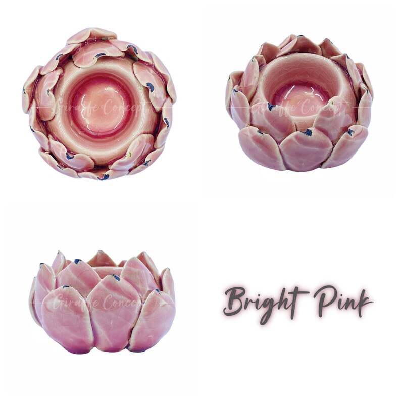 May include: A bright pink ceramic candle holder in the shape of a flower. The holder has a central well and petal-like edges. The text "Bright Pink" is displayed in a cursive font.