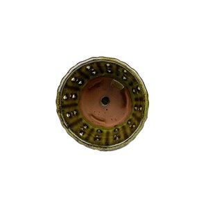 May include: The bottom of a green and brown ceramic pot with drainage holes. The pot has a textured surface and a slightly raised rim.