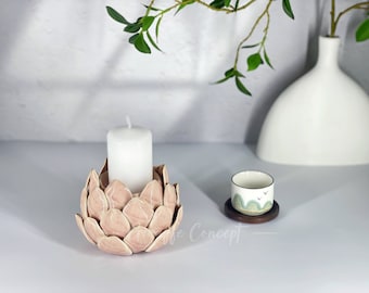 Handmade Ceramic Flower Candle Holder, Tea Light, Large Artichoke, Lotus, Home Decor, Artistic Accent, Modern Decoration, Antique, Gift Idea