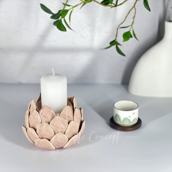 Handmade Ceramic Flower Candle Holder, Tea Light, Large Artichoke, Lotus, Home Decor, Artistic Accent, Modern Decoration, Antique, Gift Idea