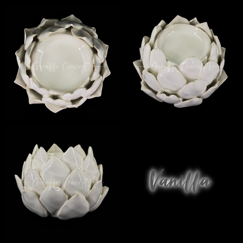 May include: Three white ceramic lotus flower candle holders. The candle holders are in different sizes and are arranged in a triangular pattern. The word "Vanilla" is written in white text on a black background.
