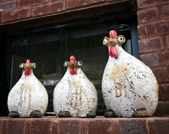 Rustic Ceramic Chicken Statue, Chicken Family Statues, Handmade Glazed Pottery, Ceramic Animal, Home Decor, Garden Accent, Farm Animals Gift