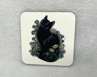 Black Cat in Daisies Coaster - cat coaster - gift for cat lovers - daisy flower - cat illustration - Bee and the Sea