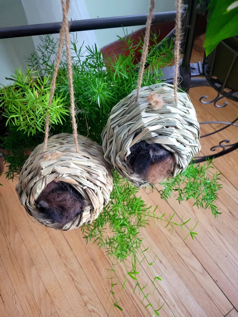 May include: Two hanging woven bird nests with brown felt lining. The nests are made of natural materials and are hanging from a string.