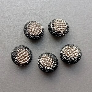 Retro style 1970-1980 s 5 black-silver glass buttons. old buttons with shanks for sewing crafts clothing costume collectible
