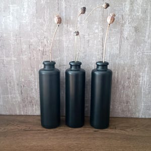 Puede incluir: Tres jarrones de vidrio negro con vainas de semillas de amapola secas dispuestas en su interior. Los jarrones son todos del mismo tamaño y forma, y están sobre una superficie de madera.
