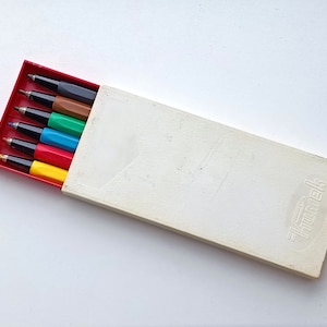 vintage Soviet mechanical pencils, set of 6 colored pencils in the original plastic box, old colored pencils USSR 1970