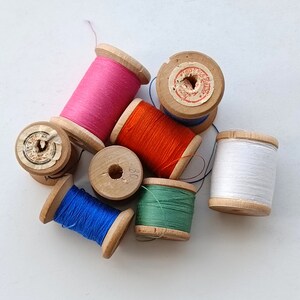 Vintage Soviet Wooden Spools with Cotton Thread, Set of 8