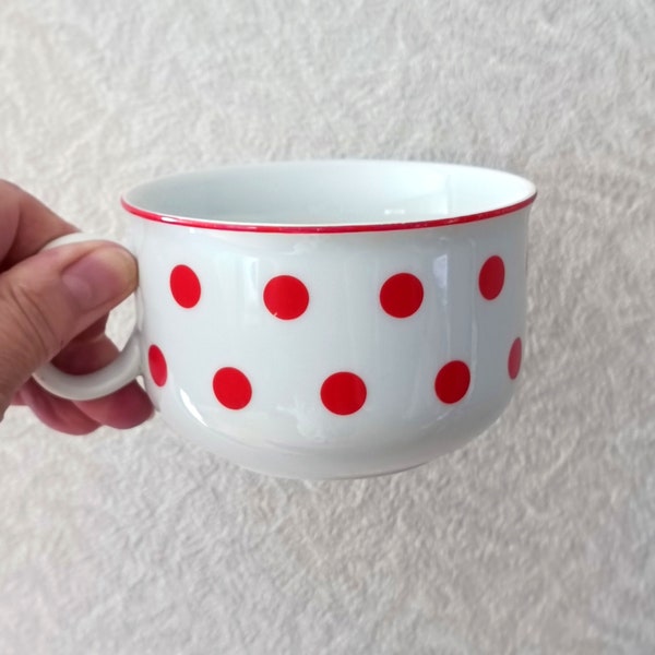 Large cup for tea white with red polka dots, porcelain Czech Republic, gift big cup, porcelain mugs