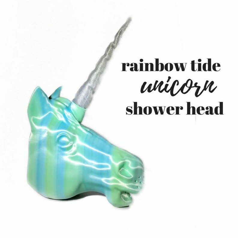 May include: A rainbow striped unicorn shower head with a silver glitter horn. The text "rainbow tide unicorn shower head" is written below the unicorn.