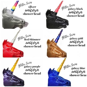 May include: Six different unicorn shower heads in various colors, including silver, black, red, gold, purple, and blue. Each shower head features a glitter finish and a unicorn horn.