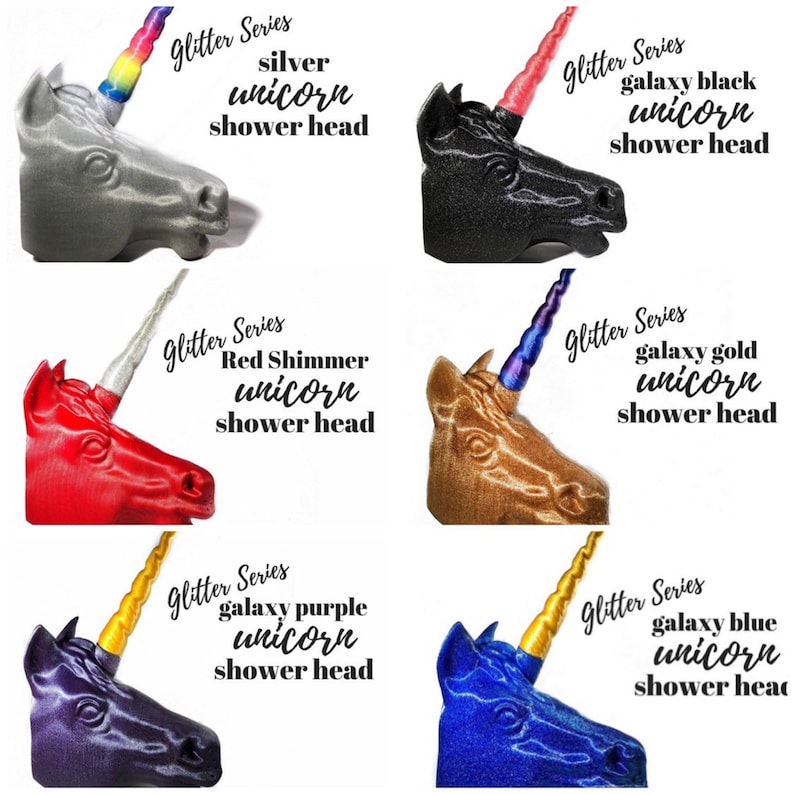 May include: Six different unicorn shower heads in various colors, including silver, black, red, gold, purple, and blue. Each shower head features a glitter finish and a unicorn horn.
