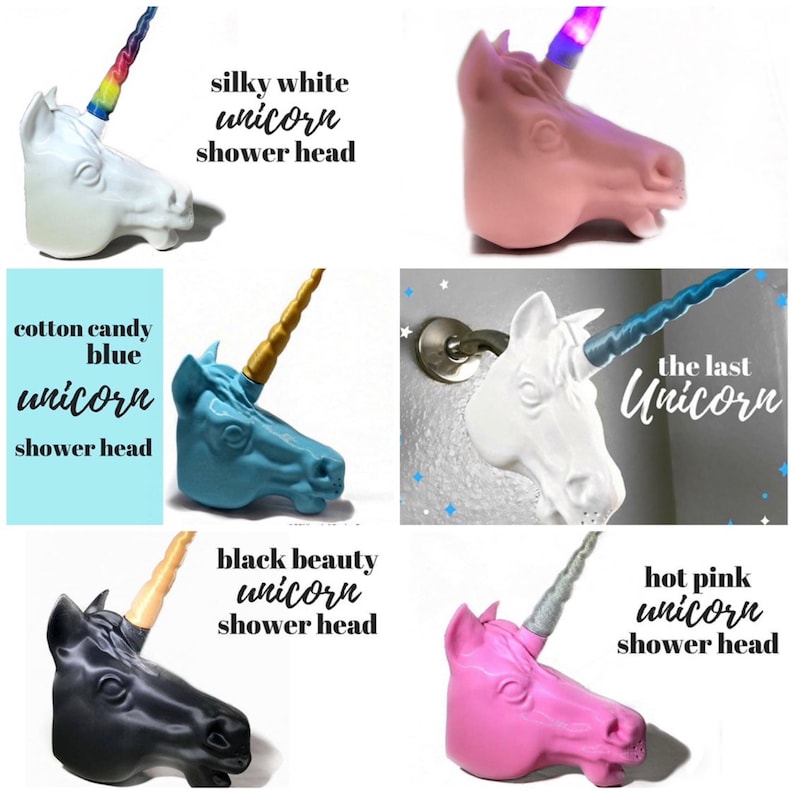May include: A collage of six unicorn shower heads in different colors, including white, blue, black, and pink. Each shower head has a unicorn horn and a unique design. The text "the last Unicorn" is visible in the top right corner.