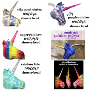 May include: Five different rainbow unicorn shower heads. The shower heads are made of plastic and have a rainbow design. The shower heads are all different colors and have different designs. The shower heads are all in a bathroom setting.