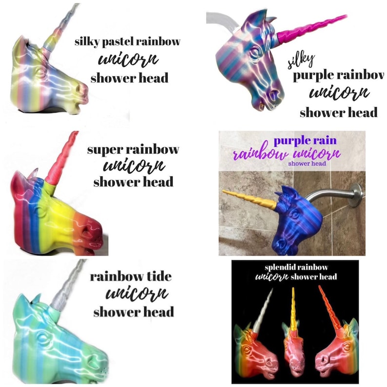 May include: Five different rainbow unicorn shower heads. The shower heads are made of plastic and have a rainbow design. The shower heads are all different colors and have different designs. The shower heads are all in a bathroom setting.