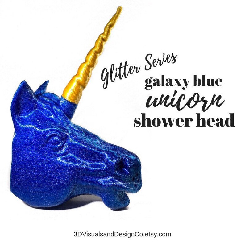 May include: A blue glitter unicorn shower head with a gold spiral horn. The text "glitter series galaxy blue unicorn shower head" is written in black text.