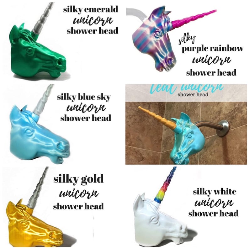 May include: Five different unicorn shower heads in various colors, including emerald green, blue sky, purple rainbow, gold, and white. Each shower head has a horn and a unicorn face.
