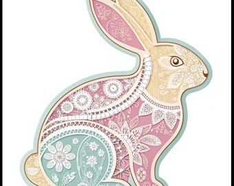 Intricate Floral Rabbit Digital Download Wall Art, Rabbit Illustration Print for Kids Room Decor, Cute Animal Nursery Decor