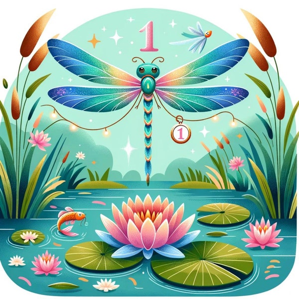 Vibrant Dragonfly and Lotus Pond Digital Art, High-Resolution Digital Download, Nature-Inspired Illustration, Perfect for Wall Decor
