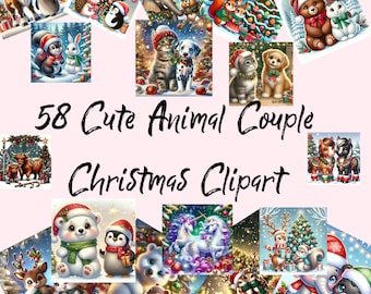58 Cute Animal Couple Christmas Clipart, Digital Download, Festive Graphics, Holiday Illustration, Santa Theme, Xmas Pets