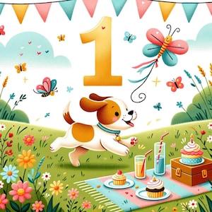 First Birthday Digital Print, Colorful Puppy Party, Cartoon Dog Celebration, Kids Room Decor