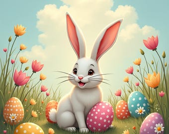 Cute Easter Bunny with Colorful Eggs Spring Flowers Digital Download, Happy Easter Rabbit Illustration for Holiday Decor