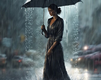 Arte su tela Rainy Day Woman, stampa murale pioggia urbana, decorazione domestica moderna, opera d'arte atmosferica della stanza