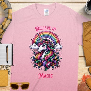 Believe in Magic Unicorn Rainbow T-Shirt, Colorful Unicorn Graphic Tee, Fantasy Unicorn Gift, Cute Magical Unicorn Shirt