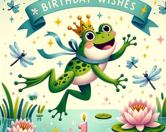 Frog Prince Birthday Wishes Digital Art, Kids Room Printable Decor, Instant Download, First Birthday Party Poster