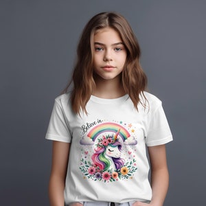 Believe in Unicorn Rainbow Graphic, Cute Magical Unicorn Design, Fantasy Flower T-Shirt, Inspirational Kids Tee, Whimsical Art Top