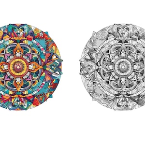 May include: A colorful mandala design with intricate details and a central flower pattern. The mandala is surrounded by a border of smaller designs. The design is in shades of blue, red, yellow, green, and orange.