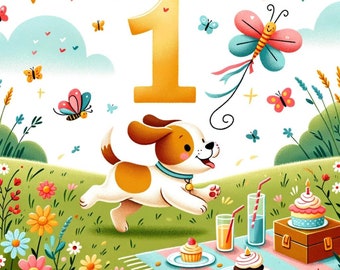 May include: A colorful illustration of a puppy running towards a picnic blanket with cupcakes, juice boxes, and a birthday cake. The number "1" is in the background with a butterfly kite flying above.