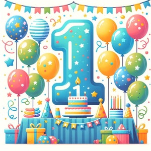 May include: A blue and white birthday cake with a single lit candle on top, surrounded by colorful balloons, a blue number one balloon, and a festive table setting with blue and white striped tablecloth and a banner.