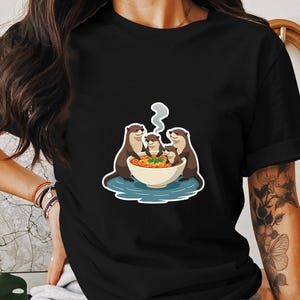 Cute Otter Family Eating Ramen Art Print, Adorable Otter Illustration, Fun Animal Digital Download, Cute Otter Decor, Nursery Wall Art
