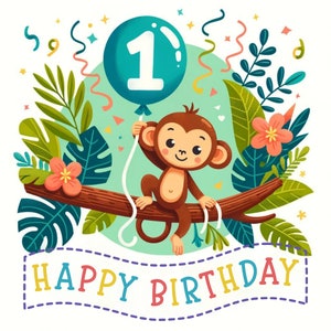Monkey Themed First Birthday Digital Invitation - Happy Birthday Jungle Card - Instant Download