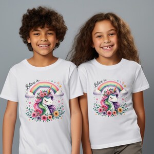 Believe in Unicorn Rainbow Graphic, Cute Magical Unicorn Design, Fantasy Flower T-Shirt, Inspirational Kids Tee, Whimsical Art Top